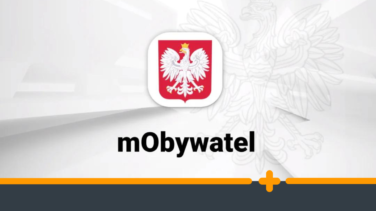 Logo aplikacji mObywatel z godłem Polski na tle graficznym z orłem
