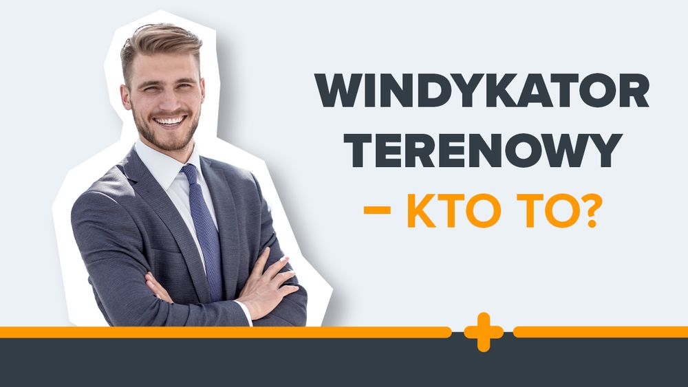 Uśmiechnięty mężczyzna w garniturze z napisem "Windykator terenowy – kto to?"
